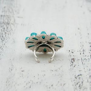 Turquoise blossom statement ring with alloy band and artificial turquoise stones.