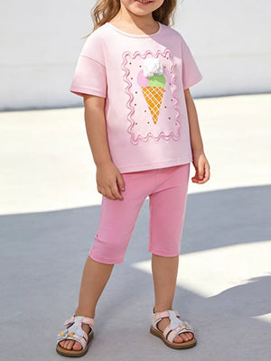 Pink cotton toddler capri set with ice cream graphic tee and capri leggings.