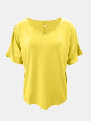 Canary yellow relaxed V-neck tee with dolman sleeves and textured fabric.
