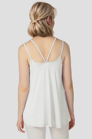White bamboo trapeze cami with double spaghetti straps and a V-back.