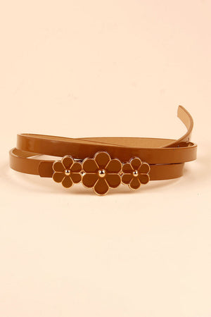 Caramel skinny belt with three floral blossom charms and gold accents.