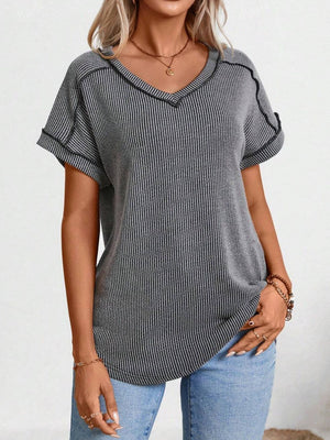 Dark Gray ribbed V-neck t-shirt with contrast stitching and short sleeves.