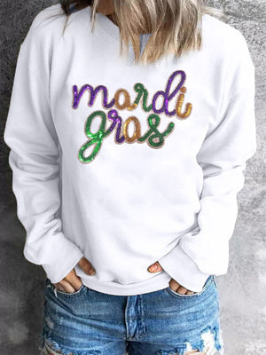 White cotton sweatshirt with sequin Mardi Gras script graphic