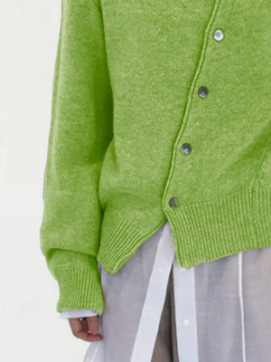 Matcha green acrylic knit cardigan with button front and ribbed cuffs and hem.