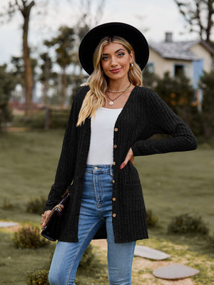 Black longline ribbed knit button-down cardigan with pockets and a V-neck.