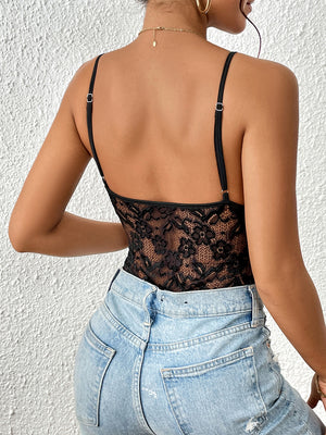 Black lace bodysuit with scalloped trim and adjustable spaghetti straps.