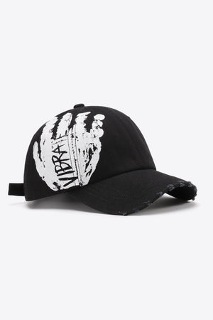 Black baseball cap with distressed brim and white VIBRA graffiti graphic