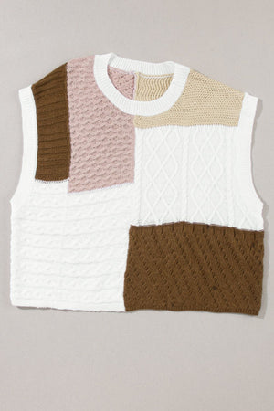 Patchwork cable knit tank top in dusty pink, white, brown, and tan with mixed stitch patterns.