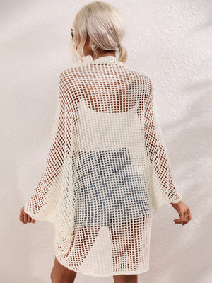 White open-weave kimono duster with batwing sleeves and a breathable acrylic knit.