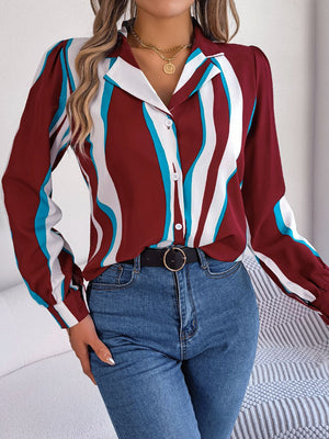 Burgundy wavy stripe collared blouse with white and blue accents, button front, long sleeves.