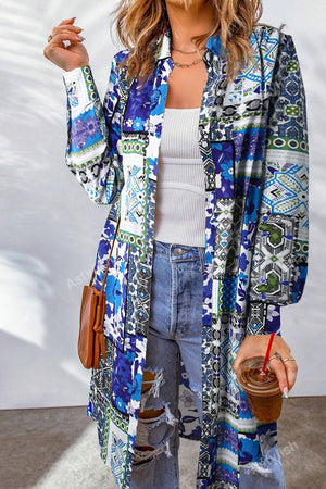 Patchwork print duster shirt jacket in Royal Blue with button front and long sleeves.
