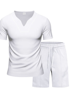 White notched collar v-neck tee and drawstring shorts set