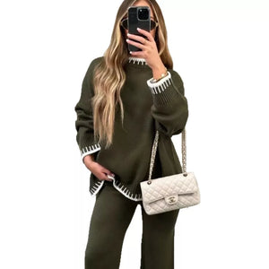 Army green relaxed sweater set with contrast trim details on neckline and sleeves.