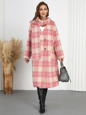 Checked plaid cocoon coat and scarf set in pink and cream, with button front and pockets.