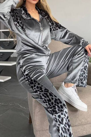 Gray velvet tracksuit with leopard print panels on sleeves and legs