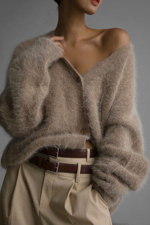 Angora cloud cardigan in Khaki with sculpted sleeves and button front.