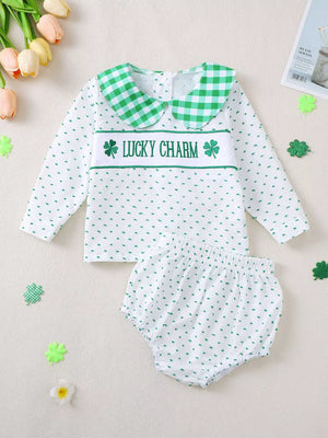 Baby girls' green gingham collar set with white polka dot long sleeve top and bloomers, "Lucky Charm" embroidery.