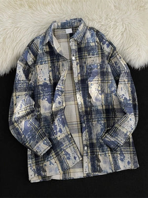 Men's Plus Size Plaid Button Up Casual Shacket in Blue, side view