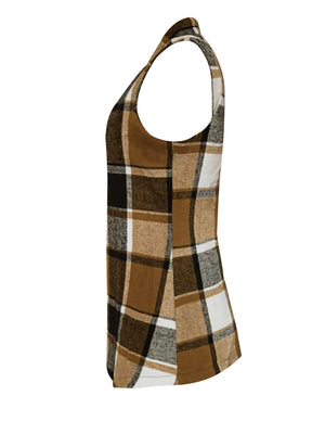 Tonal plaid tailored sleeveless blazer in camel with a checkered pattern.
