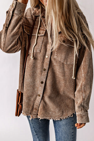 Tan corduroy hooded utility jacket with frayed hem and drawstring hood.