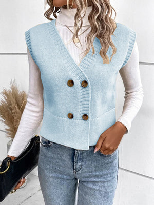 Light blue double-breasted knit vest with ribbed trim and button closure
