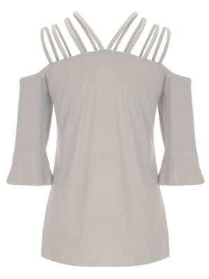 Light Gray blouson with strappy shoulders and flared 3/4 sleeves