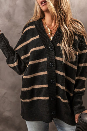 Chunky stripe button-down cardigan in black and beige acrylic with V-neck and button closure.