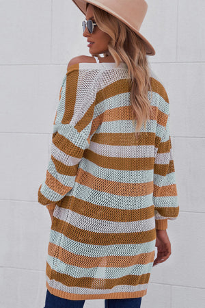 Horizontal stripe open knit duster cardigan in multicolor with a relaxed fit.