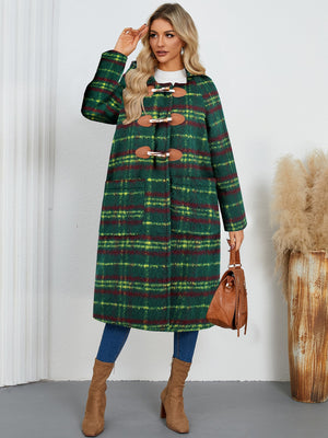 Tartan toggle hooded coat in dark green with brown leather toggles and pockets.