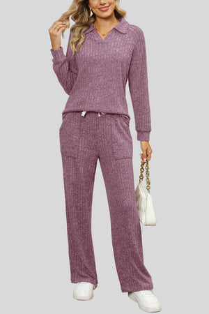 Mauve ribbed knit lounge set with collar and drawstring pants.