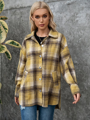 Oversized plaid shacket with patch pockets and button front.