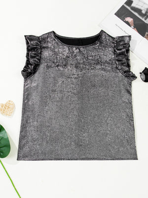 Silver ruffled neck tank top with cap sleeves and a textured finish.