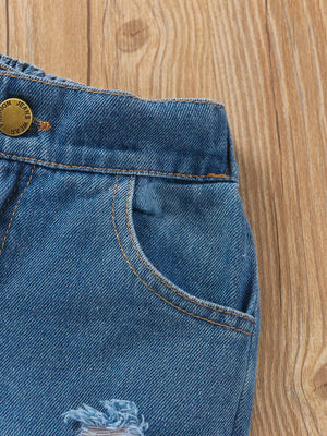Children's Tie Shoulder Tank And Distressed Jeans Set in Blue, alternate angle