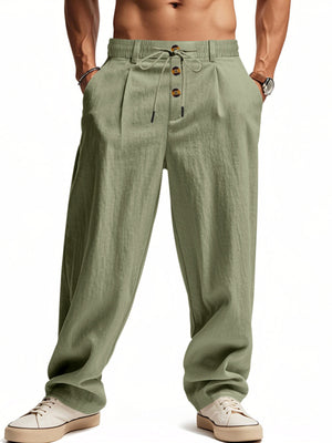 Men's Military Green loose fit drawstring pants with button detail