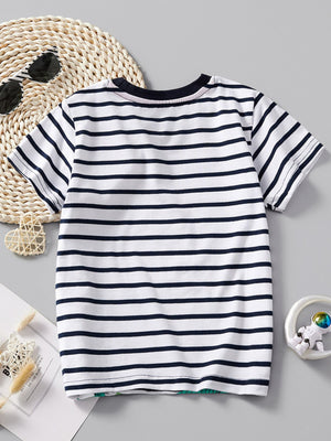 Toddler striped t-shirt with navy crew neck and short sleeves.