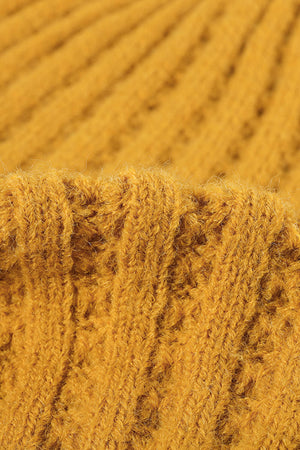 Textured ribbed knit beanie in mustard acrylic with a close-up view of the weave.