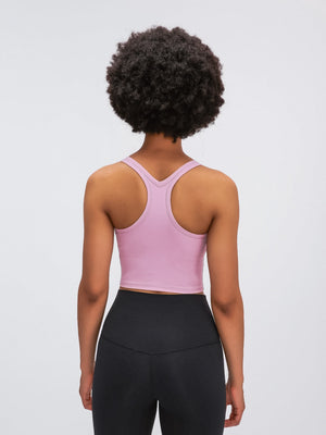 Sculpted Racerback Crop Tank in Dusty Pink, showing back view with racerback detail.