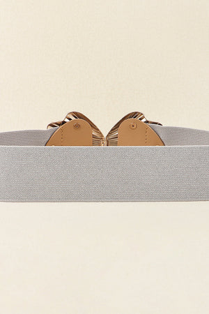 Belt with sculpted butterfly buckle in caramel and silver, grey elastic band