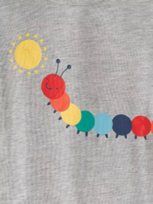 Toddler grey t-shirt with a colorful caterpillar and sun graphic.