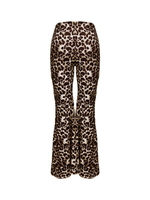Leopard print bell bottom pants with a high waist and flared leg.