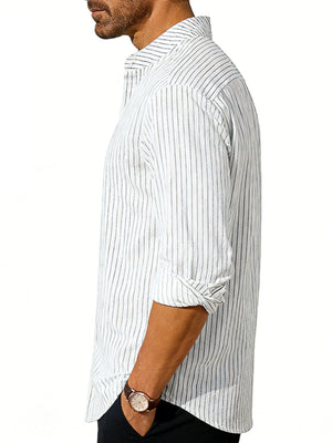 Men's white striped long sleeve shirt with rolled cuffs
