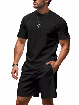 Black ribbed crew neck t-shirt and shorts set with vertical pinstripes.