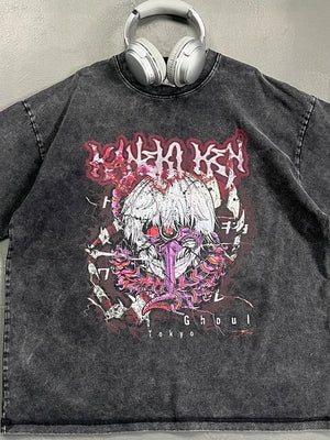 Black acid wash graphic tee with Tokyo Ghoul anime print
