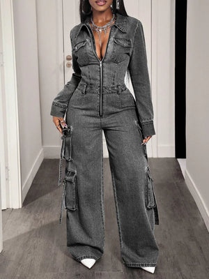 Zip Front Wide Leg Cargo Denim Jumpsuit, model styling view