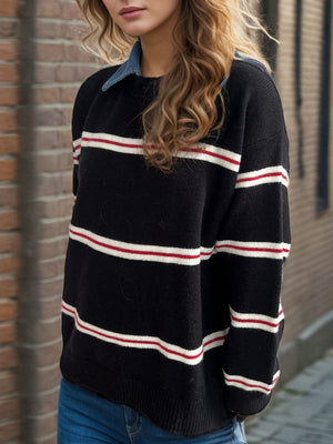 Black acrylic knit crewneck pullover with white and red nautical stripes and denim collar detail.