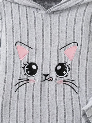 Children's Ribbed Knit Hooded Top And Pants Set in Light Gray, close-up detail