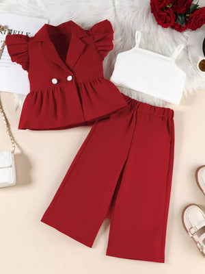 Toddler red ruffle sleeve blazer set with white cami and wide-leg pants