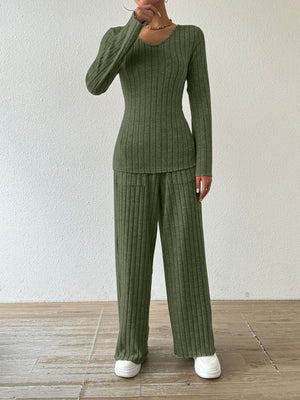 Moss ribbed knit loungewear set with v-neck top and flared pants.