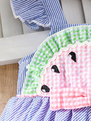 Baby dress with watermelon applique, ruffle sleeves, gingham and stripe patterns.