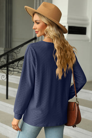 Textured Henley V-Neck Top in Dark Blue with long sleeves and a subtle diamond pattern.